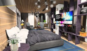 Modern dark bedroom with a black bed whose all the edges are rounded
