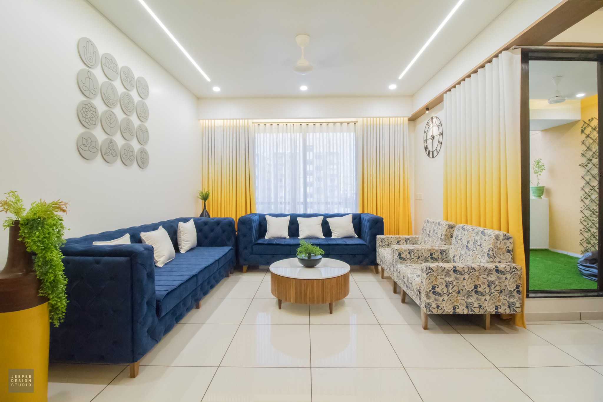 Vibrant modern minimalist living room with colour bursts