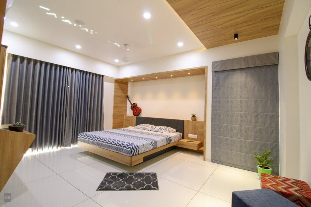 White minimalistic bedroom with shades of grey and wood
