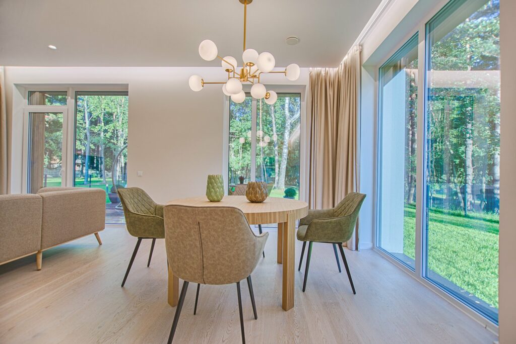 A dining room with wooden flooring