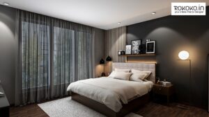 A dark cosy abode of greys, white and browns