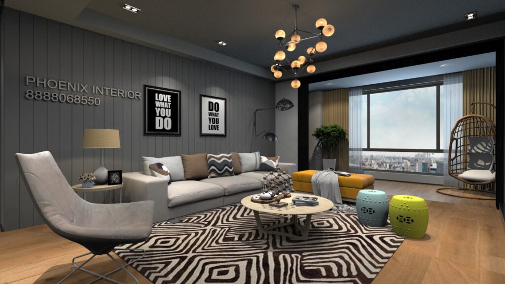 Wooden flooring and grey-coloured panelled walls