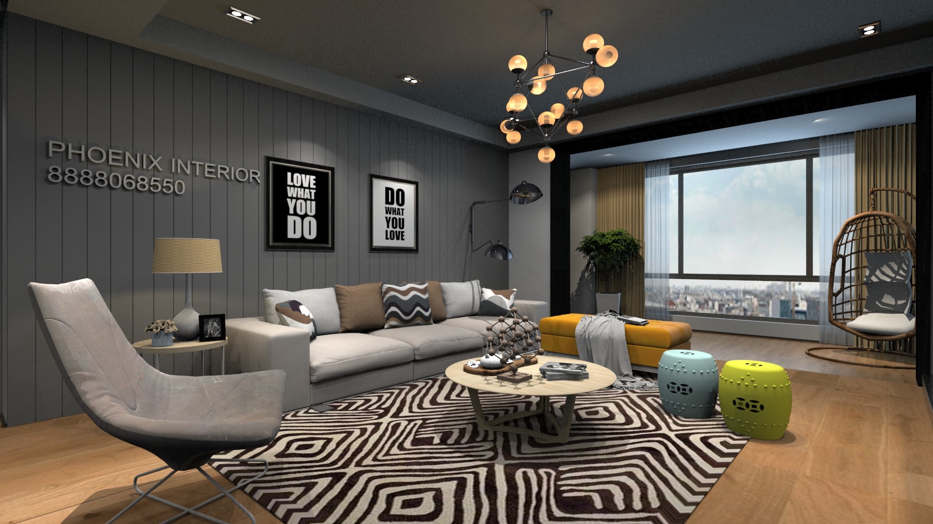 Wooden flooring and grey-coloured panelled walls