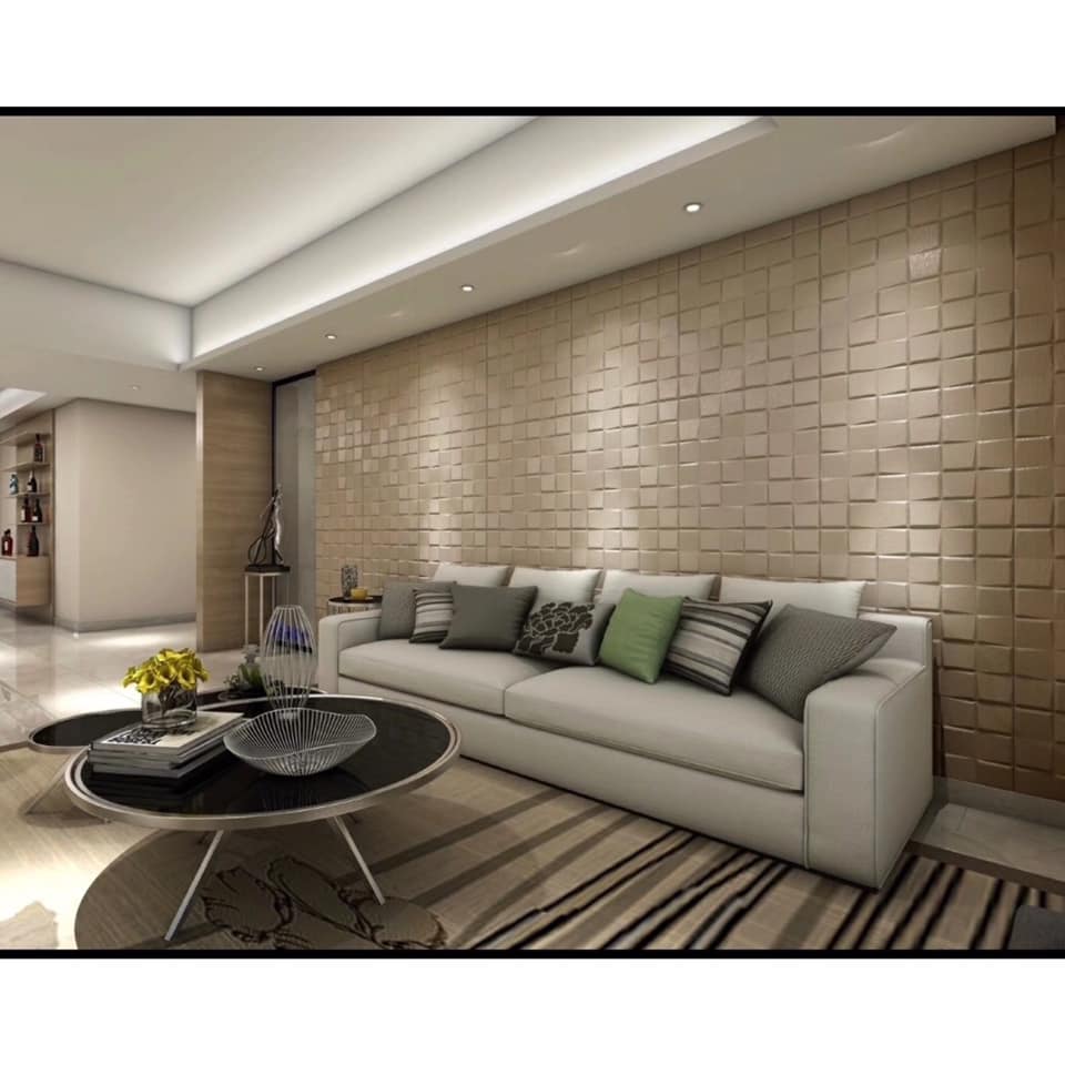 4 Seater Off White Rexine Upholstered Sofa with Rectangular Armrest Placed Align the Wall