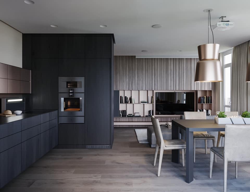 Black Kitchen Consists Parallel Countertop with Oven Unit