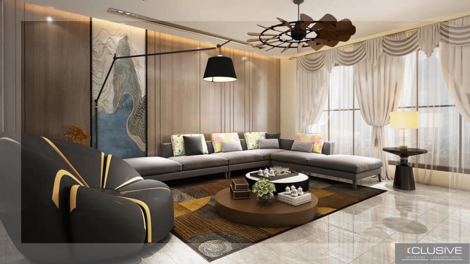 Contemporary Living Room with L-Shape Grey Colour Sectional Sofa - 1