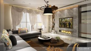 Contemporary Living Room with L-Shape Grey Colour Sectional Sofa