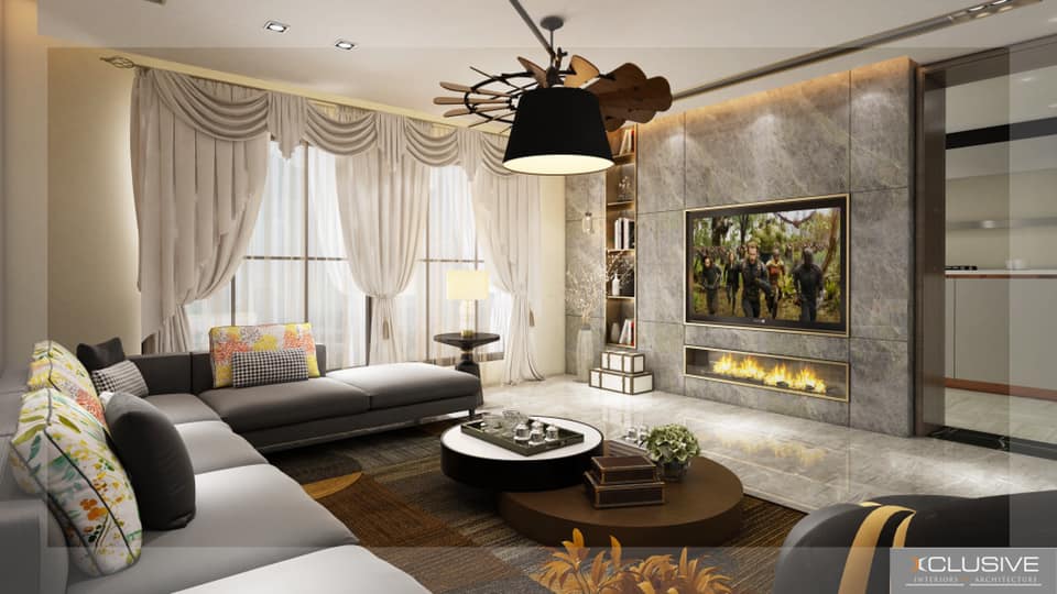 Contemporary Living Room with L-Shape Grey Colour Sectional Sofa