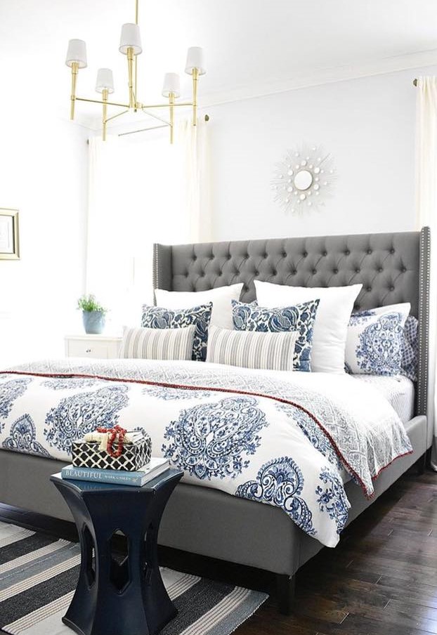 Grey Upholstered Bed having Tufted Backrest