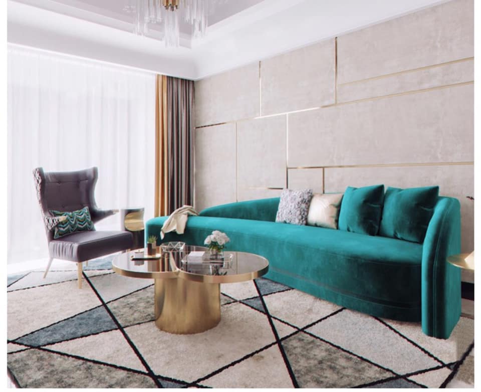 Peacock Green Velvet Upholstered Sofa is a Nicely Place with Grey Upholstered Wingback Chair in the Living Room