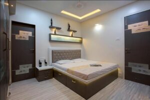 This Bedroom has a Rectangular Wooden Bed