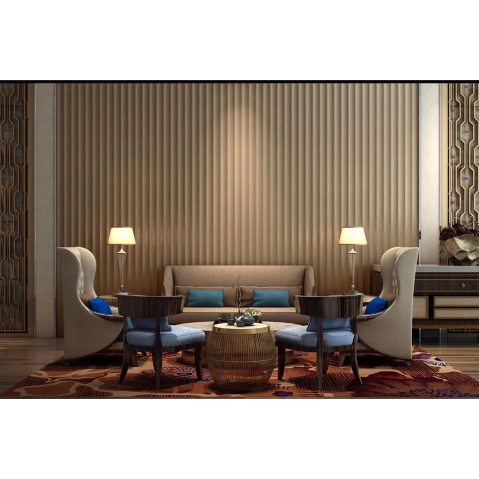 This Living Room has a 2 Seater Beige Upholstered Sofa with High Backrest & High Wingback Chairs