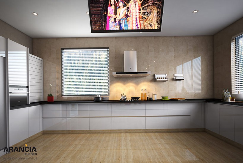 C-shaped Kitchen with White Kitchen Cabinet