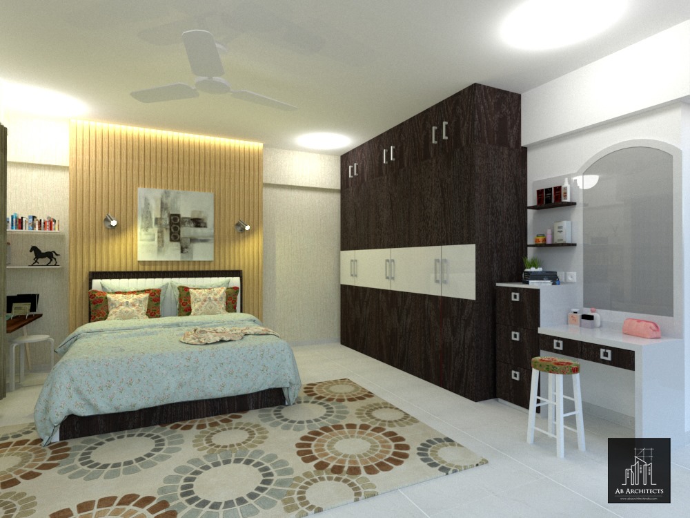 The Bedroom Consists of Rectangular Wooden Bed with White Cushioned Backrest, Floral Printed Bedsheet