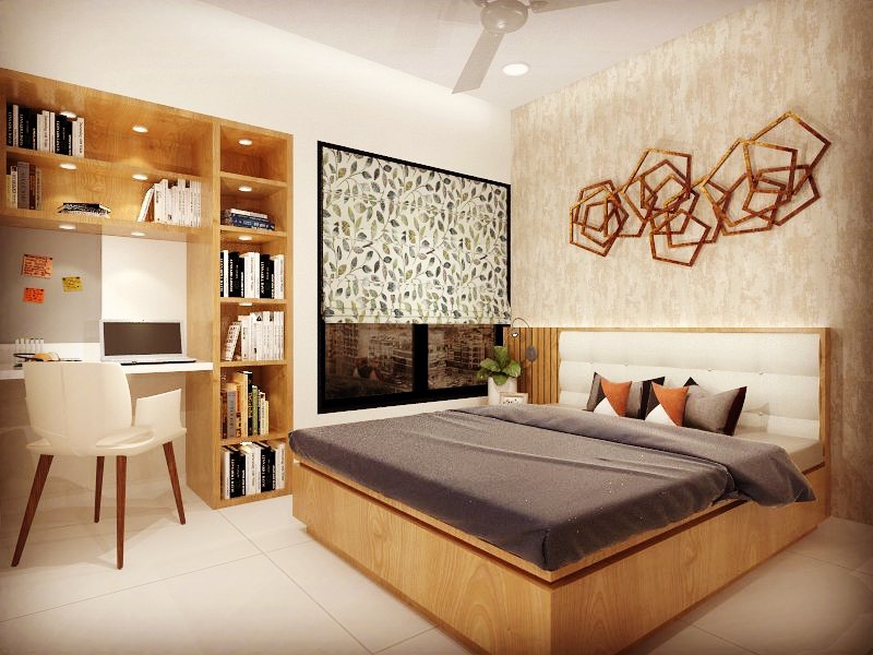 The Bedroom has a Combination of White Colour & Wooden Finish Consists Rectangular Wooden Bed