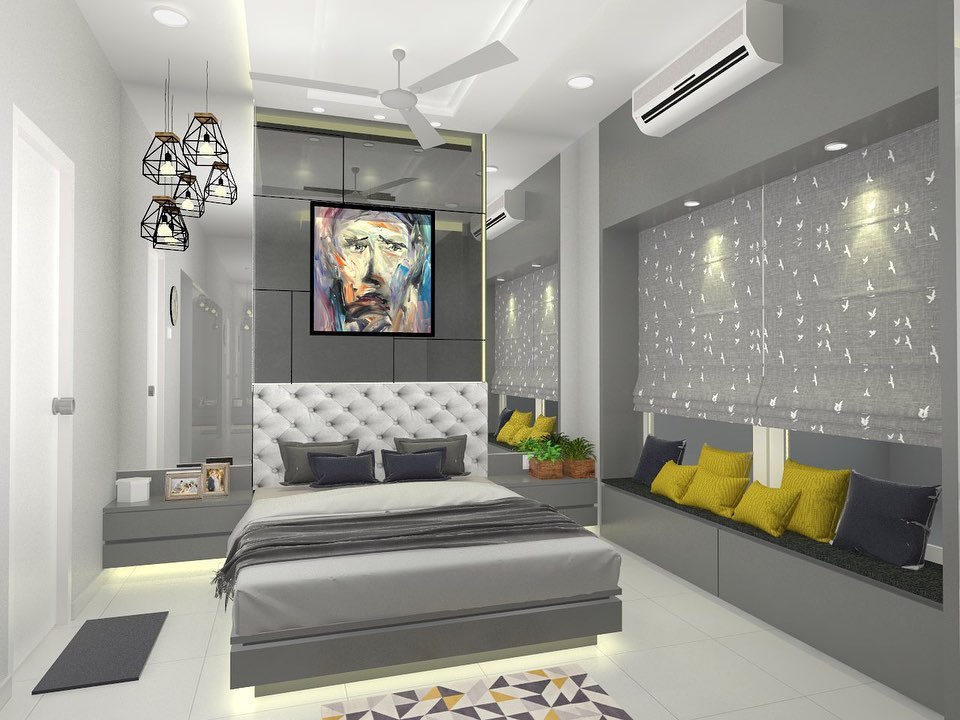 The Grey Bedroom has Rectangular Grey Bed with White Tufted Backrest