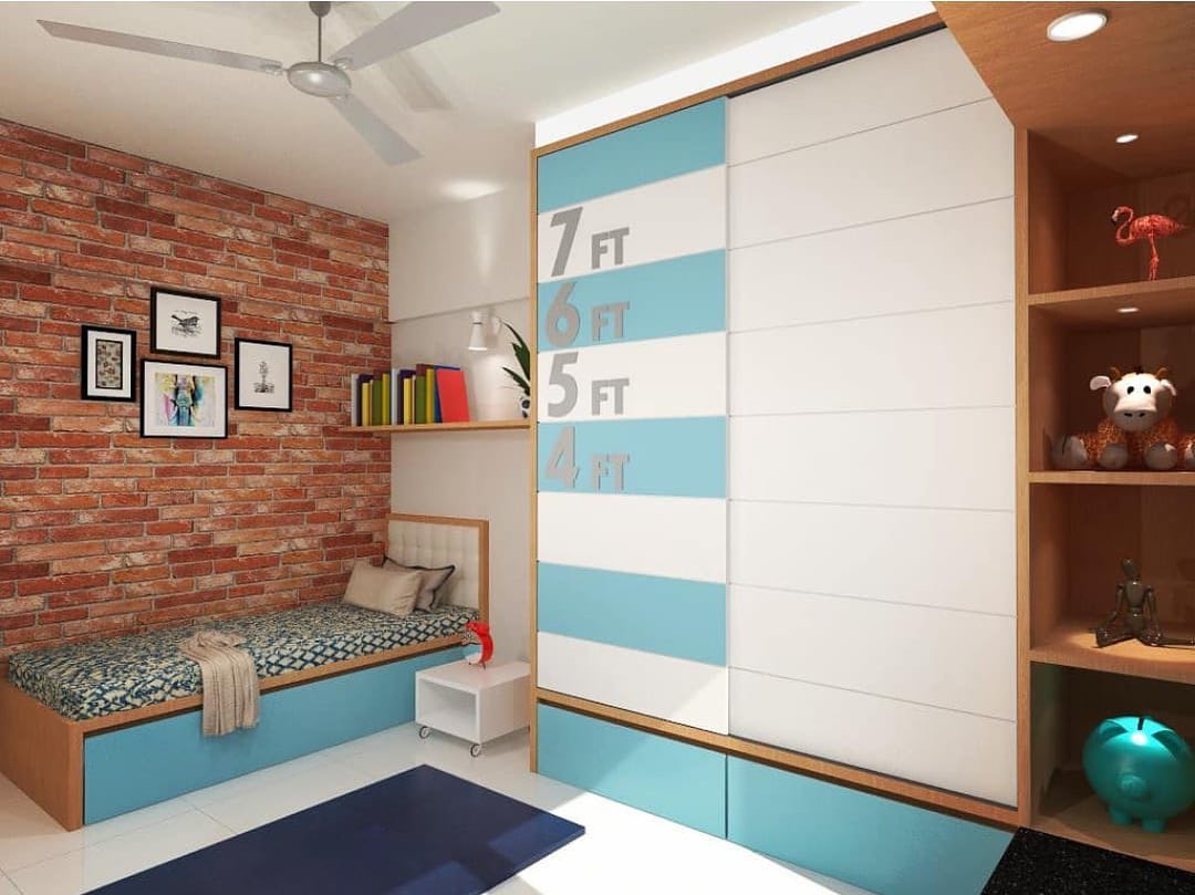 The Single Rectangular Wooden Bed with Storage Space & White Tufted Backrest is Place in the Corner of the Room