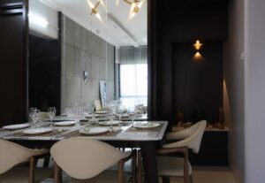 Dining area with sparkling white floor