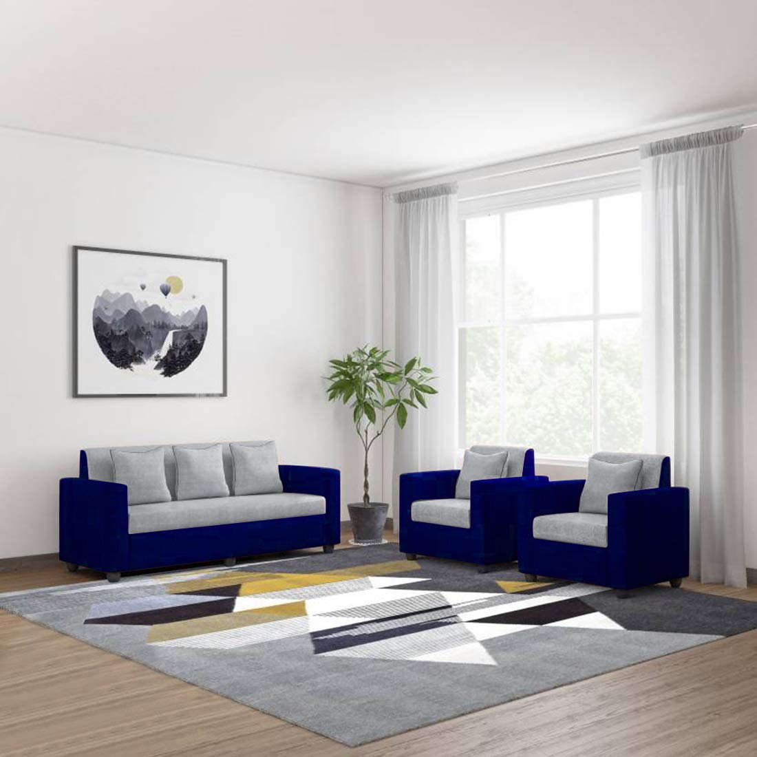 3 & Single Seater Navy Blue and White coloured Sofa