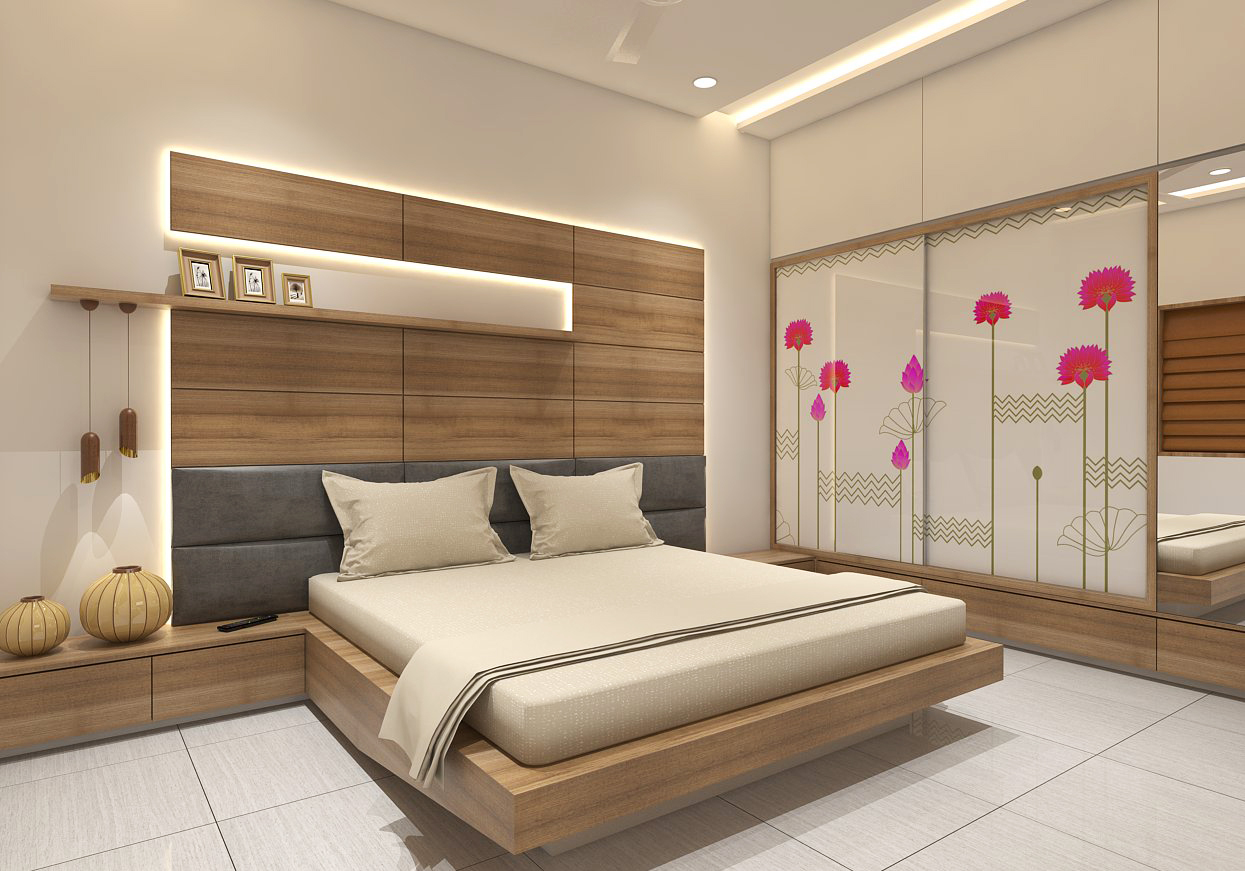 Wooden Bed with Grey Upholstered Backrest