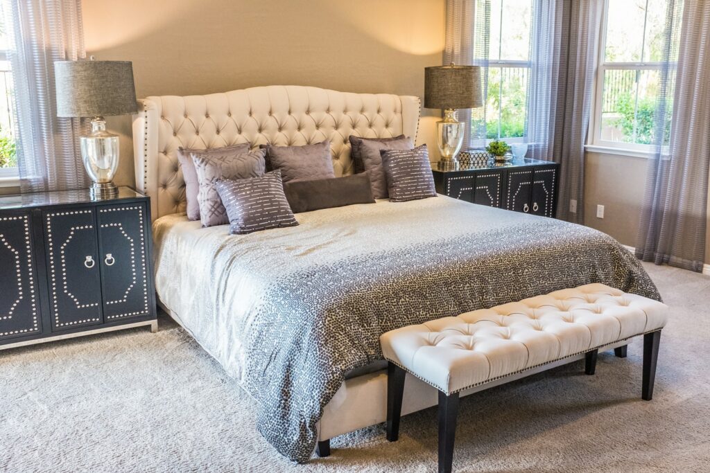 Modern Style Bed Consists of Rectangular Beige Upholstered Bed