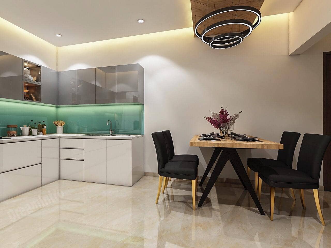 Wooden and Black Upholstered Dining Table and Chairs