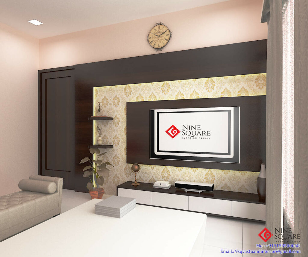 TV Unit Placed on a Golden-Designed Stencil Wallpaper