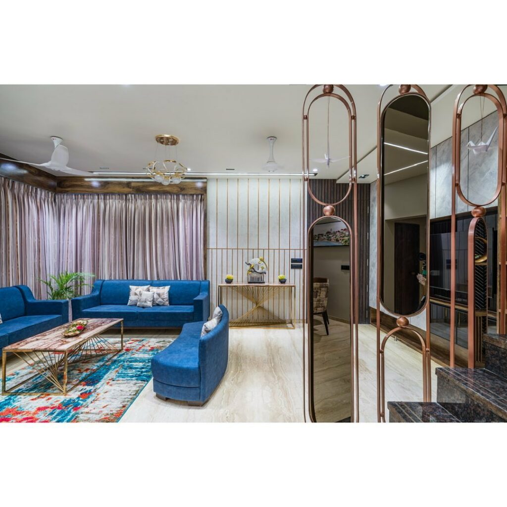 Spacious and Luxurious Living Room Featuring Light Blue Sofas
