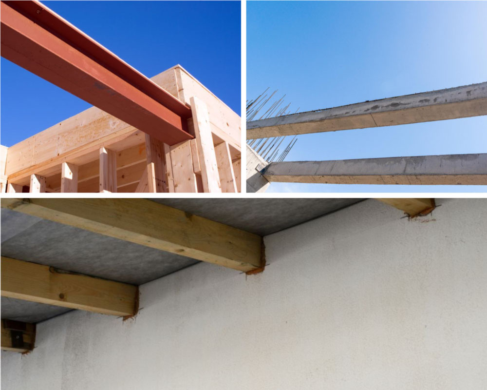 Collage of Concrete, Steel and Timber Beams