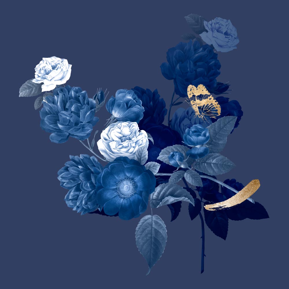 Blue Bouquet Sketch Wallpaper with Vase Motifs