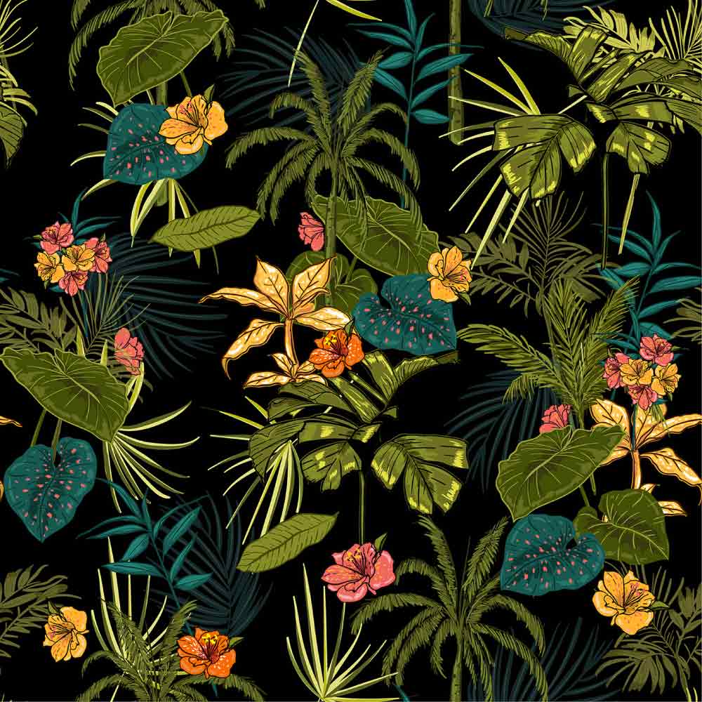 Midnight Tropical Floral Wallpaper on Deep Black